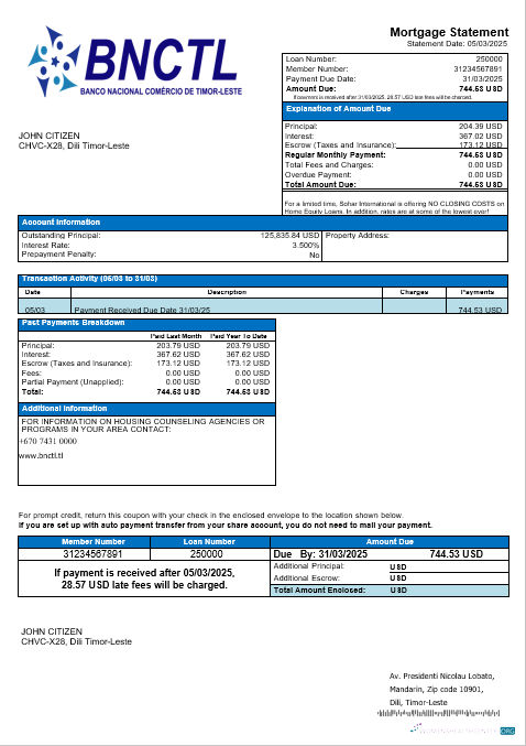 Download Timor Leste BNCTL bank International mortgage statement in Word and PDF formats Photoshop template